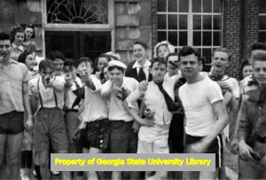 Group of kids outside North Atlanta High School, Atlanta, Georgia, circa late 1930s or early 1940s