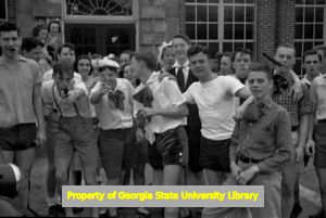 Group of kids outside North Atlanta High School, Atlanta, Georgia, circa late 1930s or early 1940s