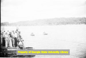 Speed boats racing on Lake Guntersville, Alabama, circa late 1930s or early 1940s