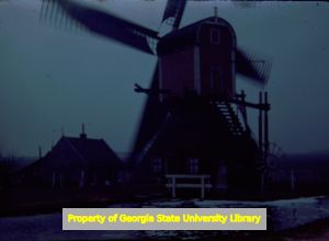 Windmill in Holland at dusk in winter, photographic slide from the Ernest G. Welch Collection, 1940s?