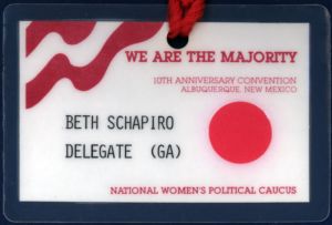 National Women's Political Caucus, 10th Anniversary Convention [name badge], circa 1990s