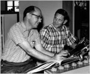 Bernie Peck and Harold Little in electronics shop at Eastern Air Lines, 1968