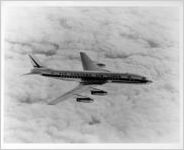 Eastern Air Lines' DC 8-B jet with J-75 engines in flight, circa 1950s