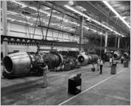 Final assembly line at Eastern Air Lines Jet Engine Overhaul Plant in Miami, 1964