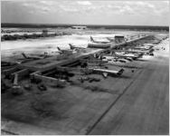 Aerial view of Eastern Air Lines runway and gate at William B. Hartsfield Atlanta International Airport, 1981-07-07