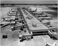 Aerial view of Eastern Air Lines runway and gate at William B. Hartsfield Atlanta International Airport, 1981-07-07
