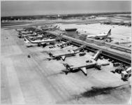 Aerial view of Eastern Air Lines runway and gate at William B. Hartsfield Atlanta International Airport, 1981-07-07