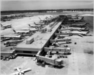 Aerial view of Eastern Air Lines runway and gate at William B. Hartsfield Atlanta International Airport, 1981-07-07