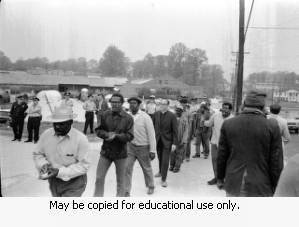Protesters during the Atlanta sanitation workers strike, April 13, 1970. Here they are seen outside the Potter & Rayfield, Inc. facility, 1570 Northside Drive, Atlanta, Georgia.