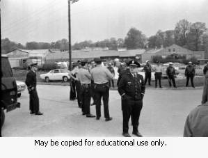 Police during the Atlanta sanitation workers strike, April 13, 1970. Here they are seen outside the Potter & Rayfield, Inc. facility, 1570 Northside Drive, Atlanta, Georgia.