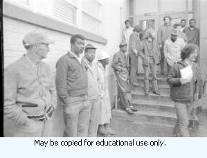 Sanitation workers strike, strike supporters outside in downtown Atlanta, Georgia, March 20, 1970. This is part of a series labled "Garbage Strike."