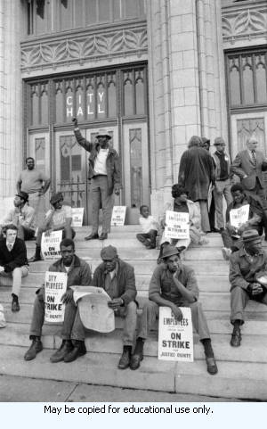 Atlanta Garbage Strike protestors on steps of Atlanta City Hall, downtown Atlanta, Georgia, March 31, 1970. Part of a series labeled "Strike."