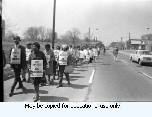 Sanitation workers strike supporters marching in downtown Atlanta, Georgia, March 28, 1970. Photograph is part of a series labeled "Strike march."
