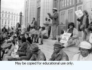 Atlanta Garbage Strike protestors on steps of Atlanta City Hall, downtown Atlanta, Georgia, March 31, 1970. Part of a series labeled "Strike."