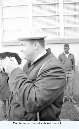 Sanitation workers strike, strike supporters outside in downtown Atlanta, Georgia, March 20, 1970. This is part of a series labled "Garbage Strike."