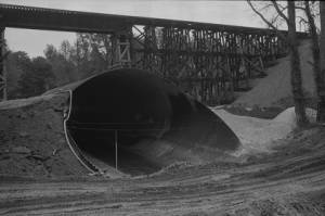 Construction site under trestle, Georgia, 1977.