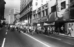 Young people march in protest against police tactics after a "Great Speckled Bird" sponsored concert, Atlanta, Georgia, September 27, 1969.