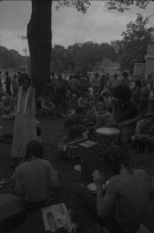 Hippie drum circle in Piedmont Park, Atlanta, Georgia, circa 1969.