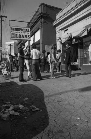 Hippies loitering on "the Strip" in midtown Atlanta, Georgia, circa 1969.