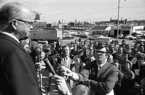 Lester Maddox at press conference outside the Georgia State Capitol Building, Atlanta, Georgia, January, 1970.