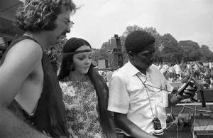Film crew setting up to record the Celestial Voluptous Banana show in Piedmont Park, 1970