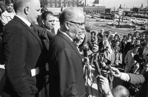 Lester Maddox at press conference outside the Georgia State Capitol Building, 1970