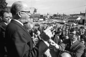 Lester Maddox at press conference outside the Georgia State Capitol Building, Atlanta, Georgia, January, 1970.