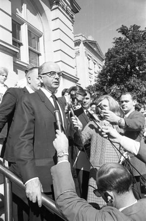 Lester Maddox at press conference outside the Georgia State Capitol Building, Atlanta, Georgia, January, 1970.