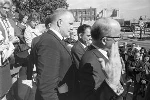 Lester Maddox at press conference outside the Georgia State Capitol Building, Atlanta, Georgia, January, 1970.