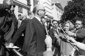 Lester Maddox at press conference outside the Georgia State Capitol Building, 1970