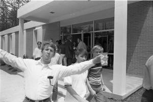 Students demonstrate in support of fired instructors at Clayton Junior College, 1970