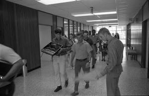 Students demonstrate in support of fired instructors at Clayton Junior College, 1970