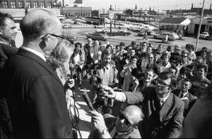 Lester Maddox at press conference outside the Georgia State Capitol Building, 1970