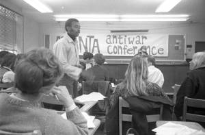 New Mobilization Committee to End the War in Vietnam members hold an anti-war conference at Emory University, January 1970