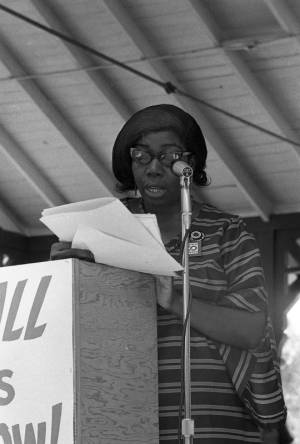 President of the WRO Ethel Mae Matthews speaks at the Nagasaki Day rally in Grant Park, 1968