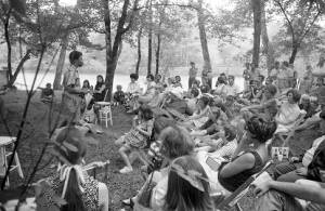 Actors performing Bertolt Brecht's play "The Exception and the Rule" to an audience, 1969