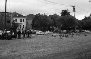 Riot police patroling Berkeley in the aftermath of the People's Park unrest, 1969