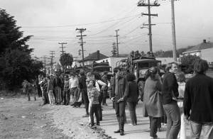 Riot police patroling Berkeley in the aftermath of the People's Park unrest, 1969