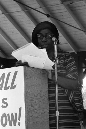 President of the WRO Ethel Mae Matthews speaks at the Nagasaki Day rally in Grant Park, 1968