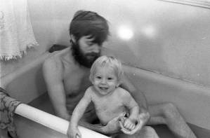 Tom Coffin bathing with his son Zachary, 1969