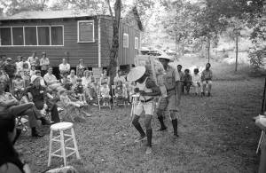 Actors performing Bertolt Brecht's play "The Exception and the Rule" to an audience, 1969