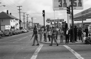 Riot police patroling Berkeley in the aftermath of the People's Park unrest, 1969