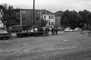 Riot police patroling Berkeley in the aftermath of the People's Park unrest, 1969