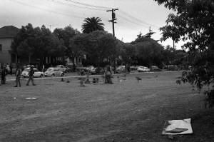 Riot police patroling Berkeley in the aftermath of the People's Park unrest, 1969