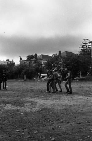 Riot police patroling Berkeley in the aftermath of the People's Park unrest, 1969