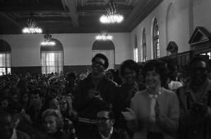 Audience listening to Black Panther Party Leader Monk Teba speak at Emory, 1970