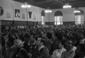 Audience listening to Black Panther Party Leader Monk Teba speak at Emory, 1970