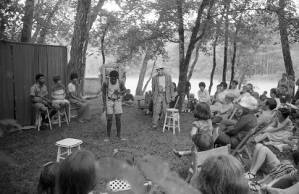 Actors performing Bertolt Brecht's play "The Exception and the Rule" in an outdoor venue, 1969