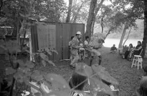 Actors performing Bertolt Brecht's play "The Exception and the Rule" in an outdoor venue, 1969