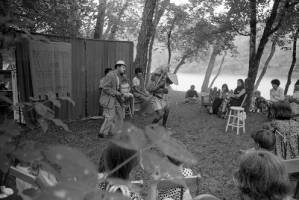 Actors performing Bertolt Brecht's play "The Exception and the Rule" in an outdoor venue, 1969